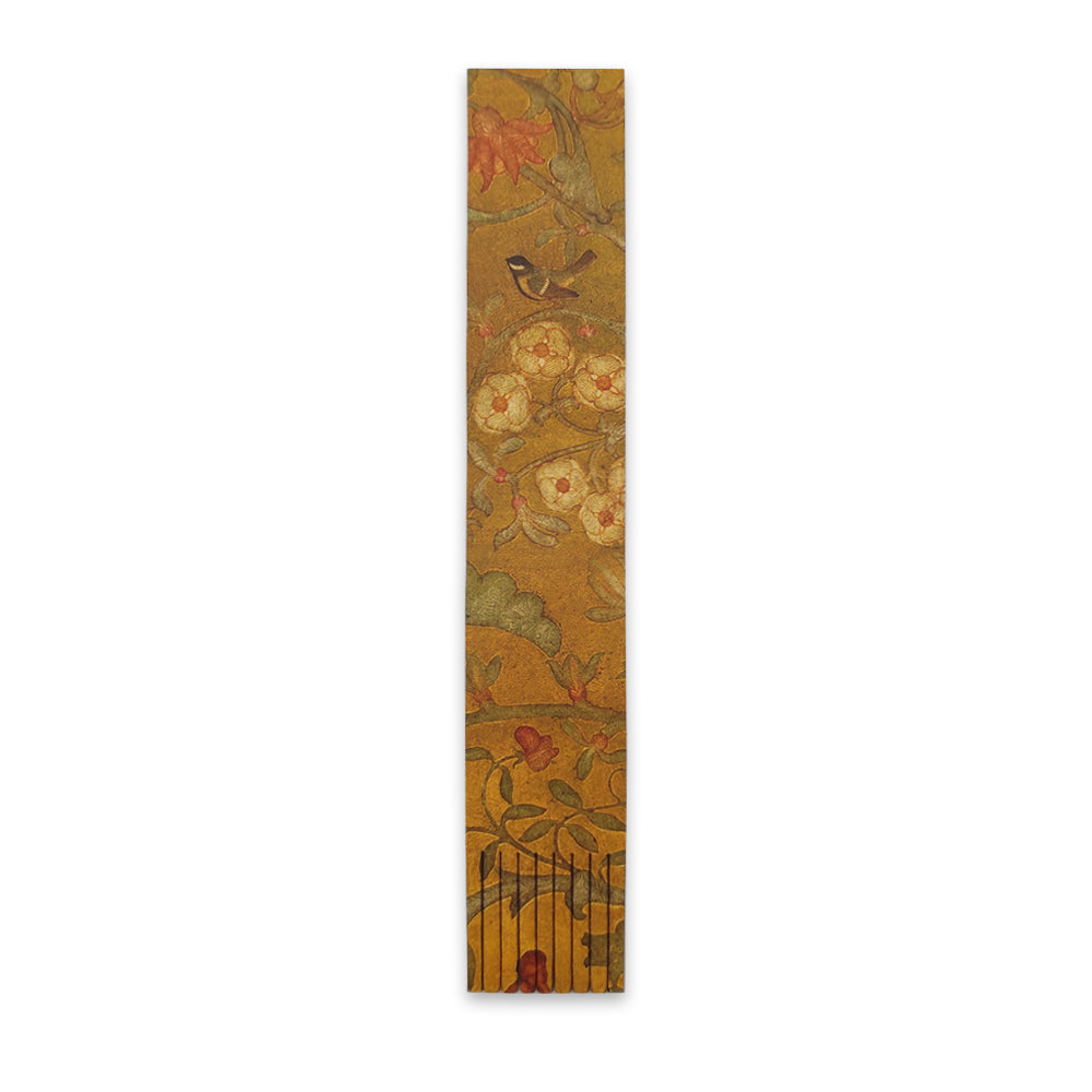 A bookmark against a plain white background featuring a detail from Phoebe Anna Traquair's Willowwood Piano. The detail shows a white flowers with a bule tit sitting on a branch above them.