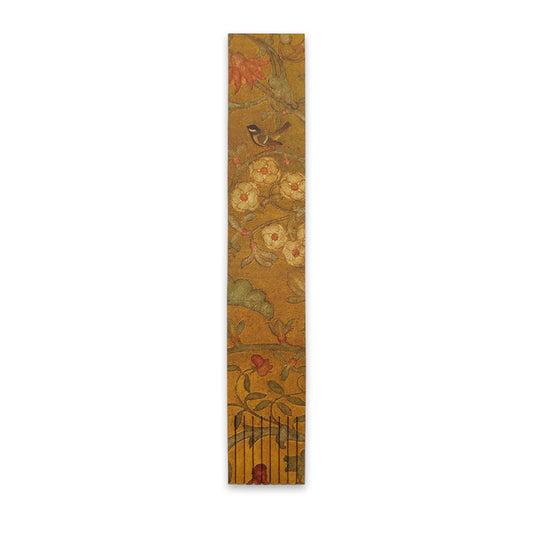 A bookmark against a plain white background featuring a detail from Phoebe Anna Traquair's Willowwood Piano. The detail shows a white flowers with a bule tit sitting on a branch above them.