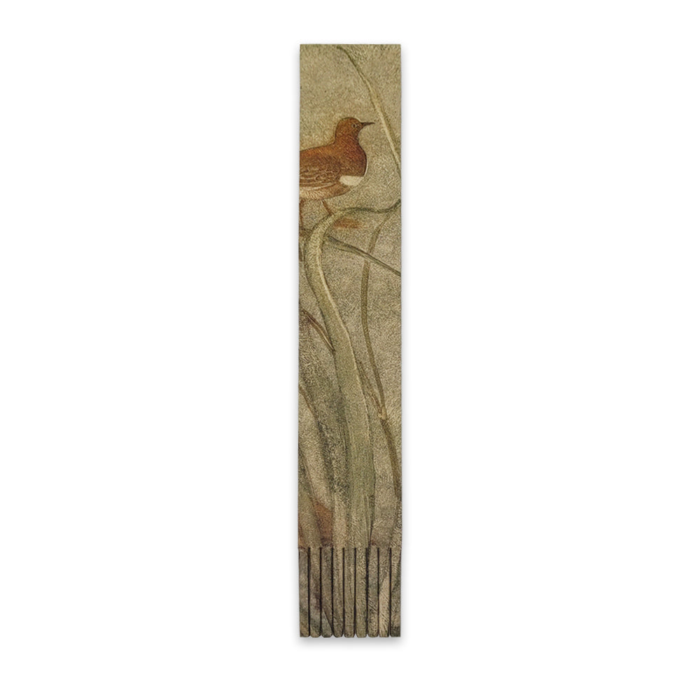 A bookmark against a plain white background with a detail from a Phoebe Anna Traquair painting. A brown bird stands amongst long reeds.