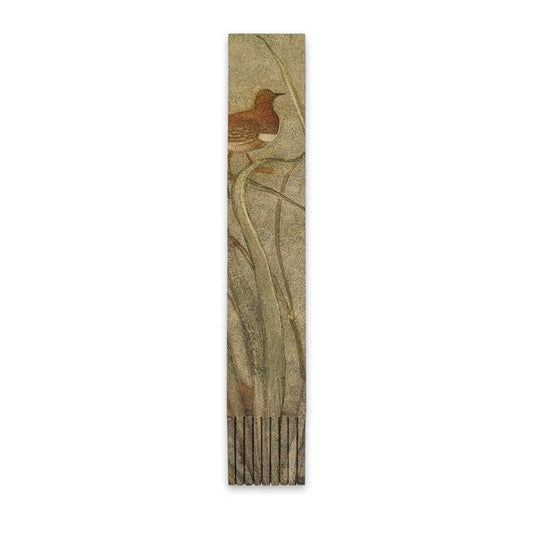 A bookmark against a plain white background with a detail from a Phoebe Anna Traquair painting. A brown bird stands amongst long reeds.