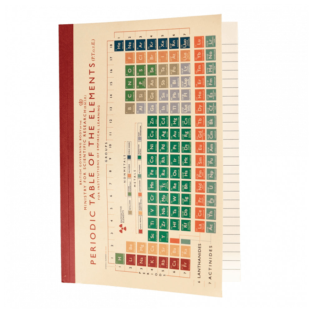 A cream A5 notebook with a colourful print of the periodic table printed vertically. Book is bound with a maroon strip. The book is open slightly and the pages inside are lined.