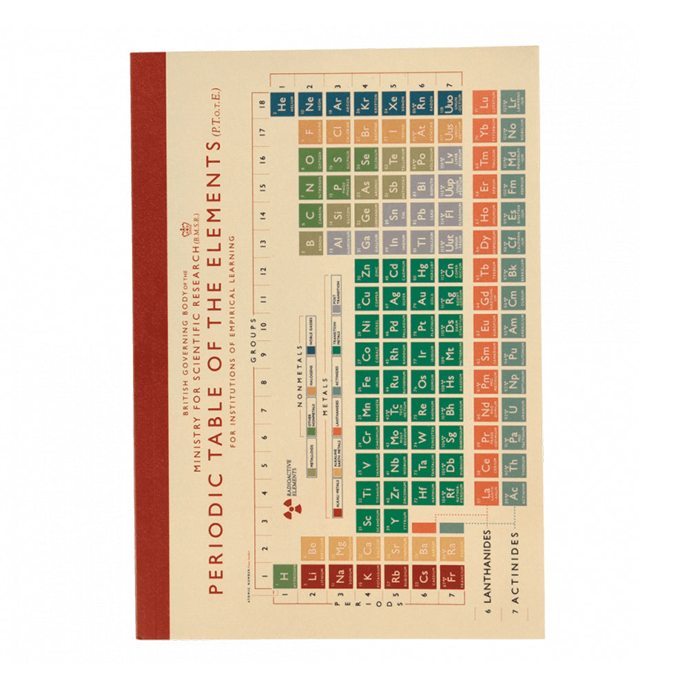 A cream A5 notebook with a colourful print of the periodic table printed vertically. Book is bound with a maroon strip.