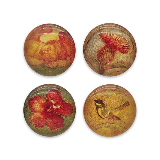 A grid of four round magnets of details from Phoebe Anna Traquair paintings against a plain white background.