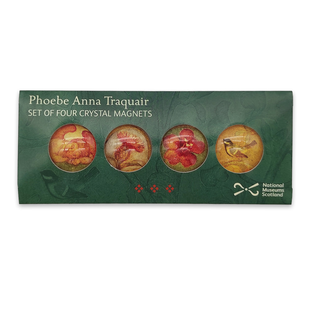 A set of four round magnets of details from Phoebe Anna Traquair in a dark green cardboard sleeve.