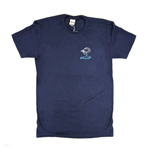 A navy blue tshirt with a printed detail on the left hand side of the shirt's breast. The detail is of a goose printed in white over a fish printed in blue, taken from Pictish carvings.