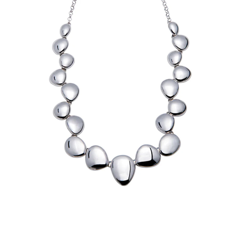 Silver necklace with polished pebble like detailing.