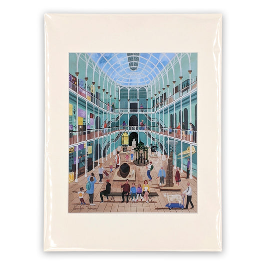 An A4 print with a vibrant illustration of The National Museum of Scotland's grand galley by Edinburgh based artist Jennifer Thomson.