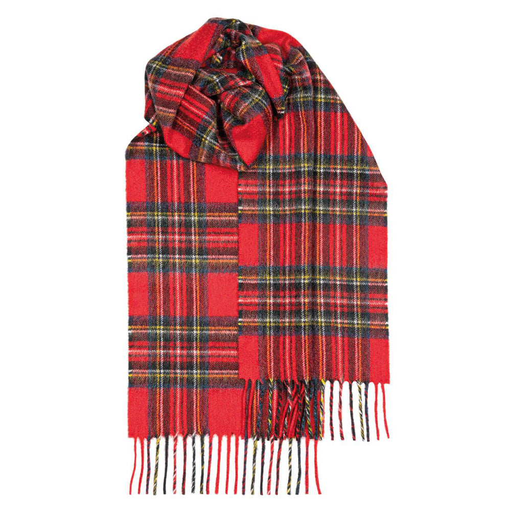 Cashmere tartan scarf with a red, green and yellow royal Stewart modern tartan.