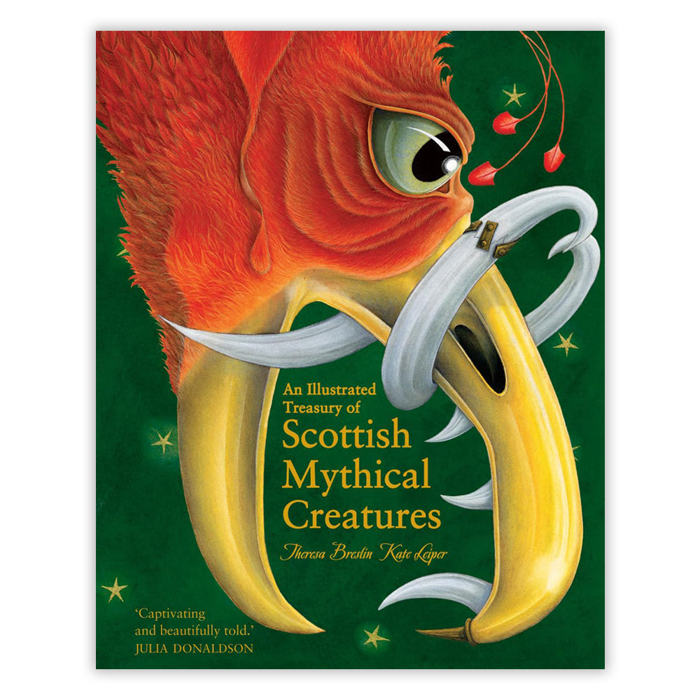 Book cover with an illustration of the head of a red feathered creature with a large beak.