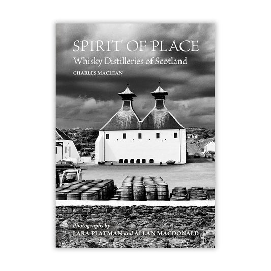 Book cover with a black and white photo of a whisky distillery