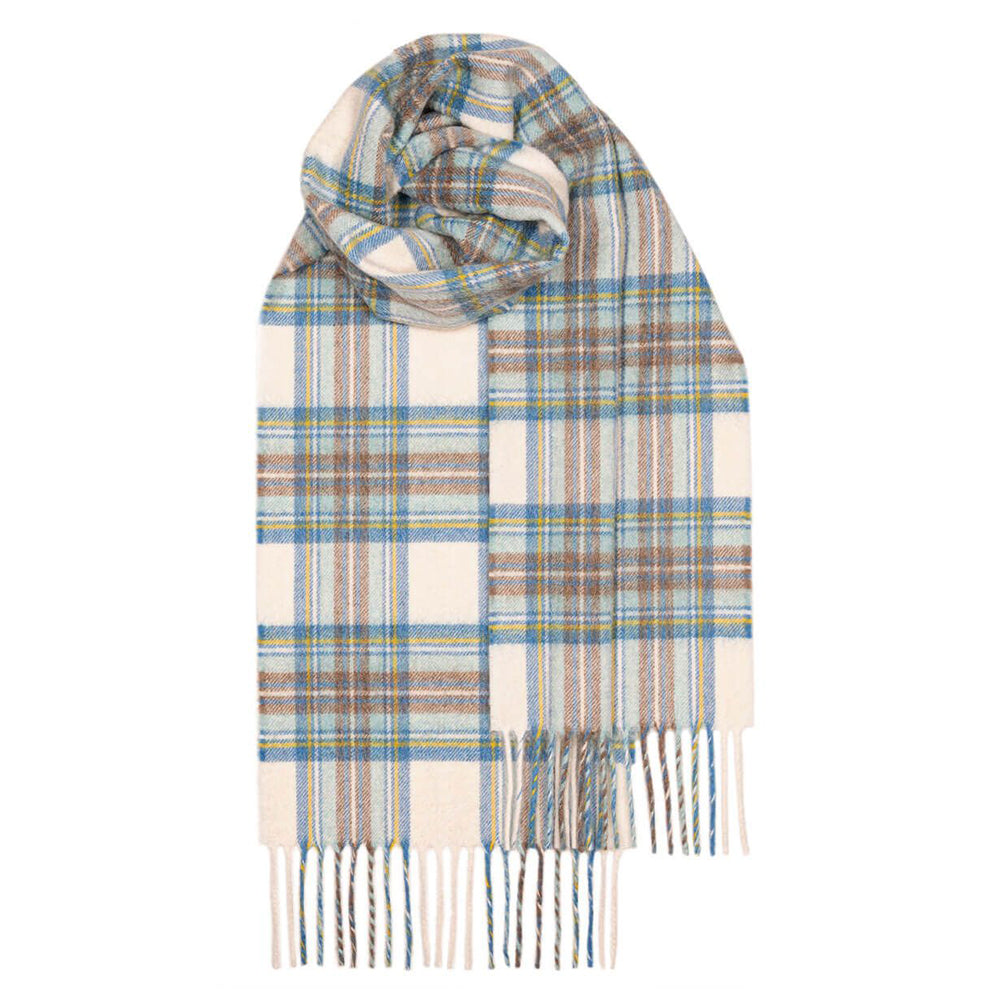 Cashmere tartan scarf with teal and brown Stewart Blue Dress tartan.