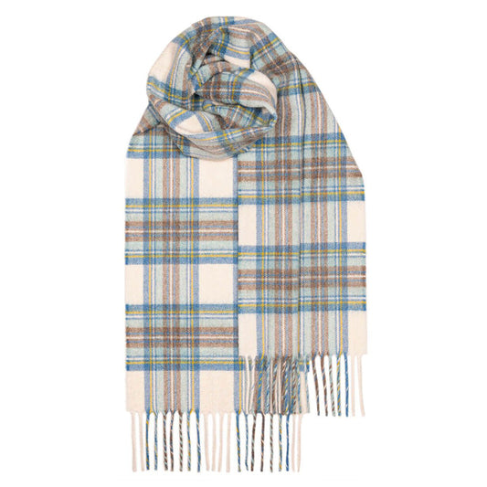 Cashmere tartan scarf with teal and brown Stewart Blue Dress tartan.