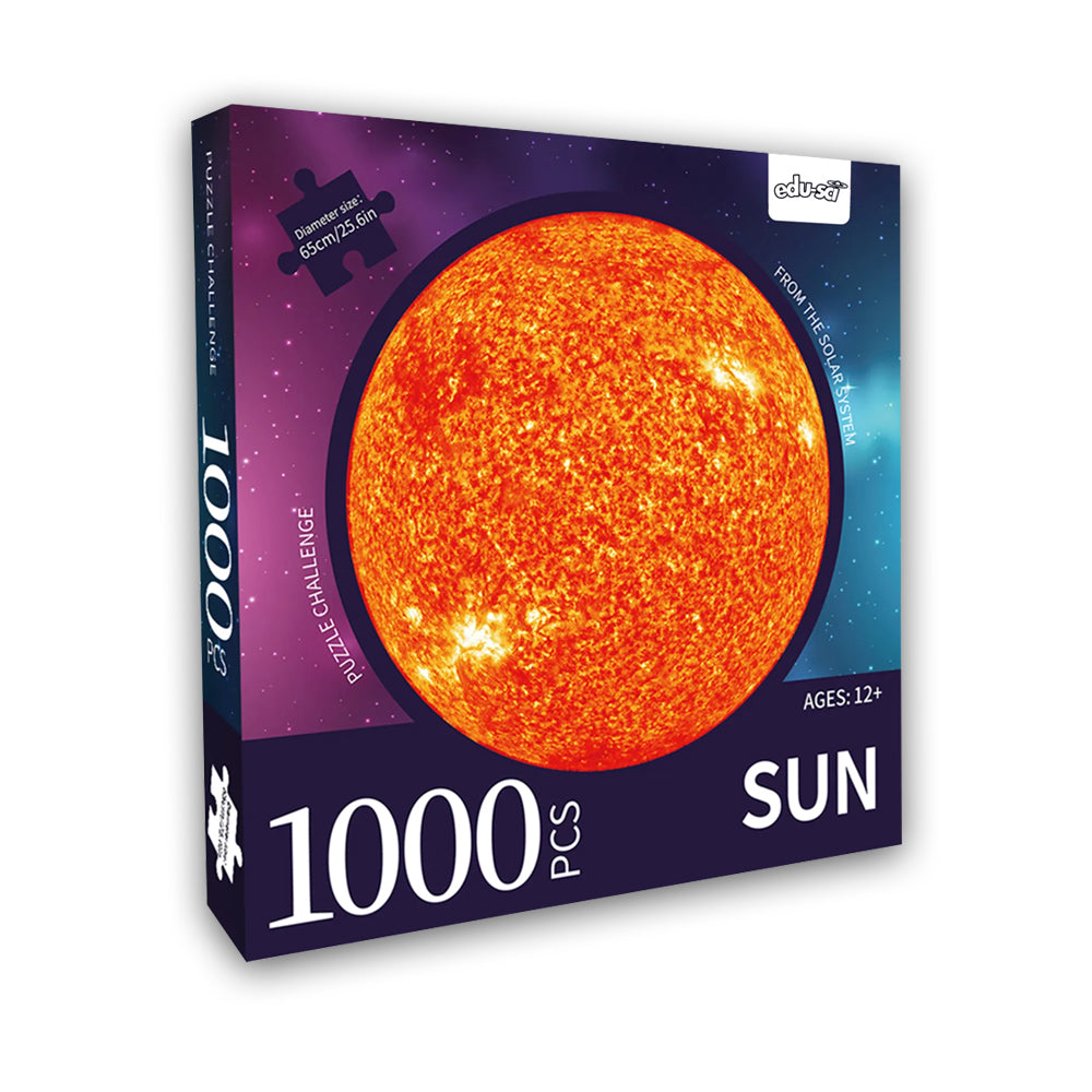 Jigsaw puzzle box with a large photo of the sun.