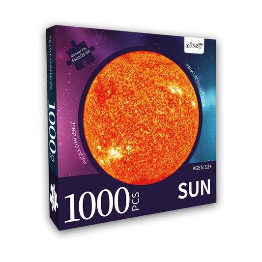 Jigsaw puzzle box with a large photo of the sun.