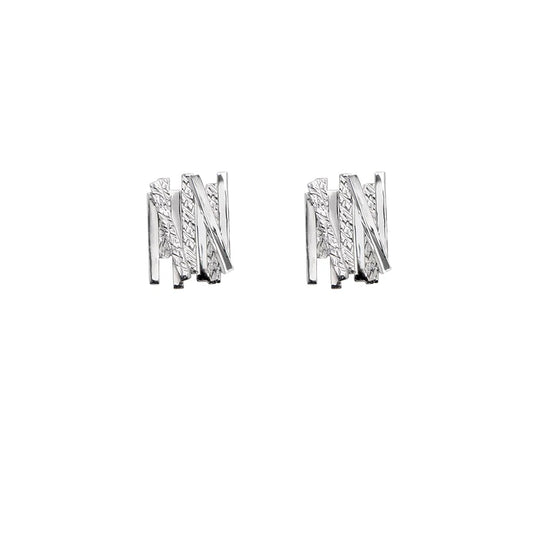 Silver earrings with geometric overlapping line detailing.