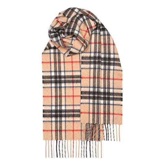 Cashmere tartan scarf with beige, red and blue Thomson camel modern tartan.