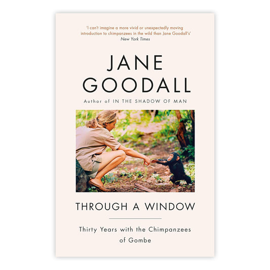 A cream coloured book cover with a photograph of a young Jane Goodall and a baby chimpanzee in the jungle.  Above and beneath the photo is the book's author and title in a black sans serif font.