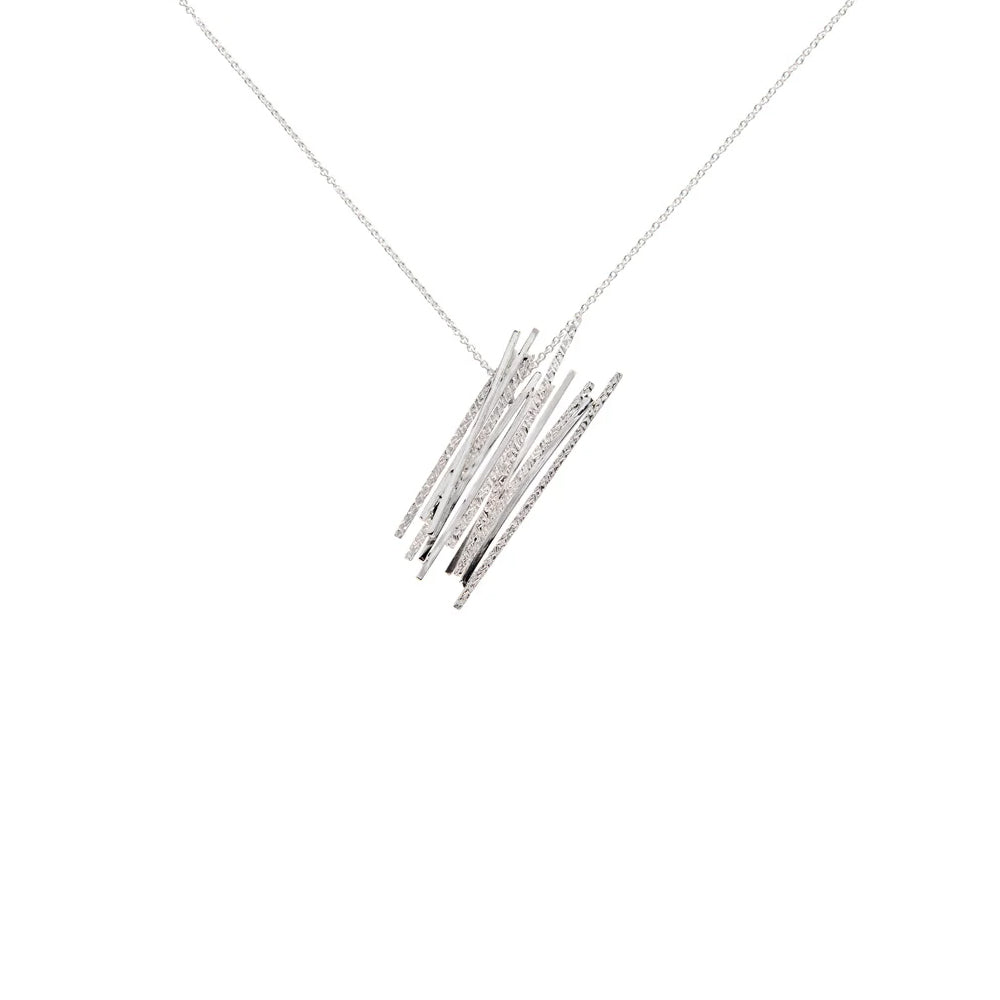 Silver necklace with geometric overlapping line detailing.