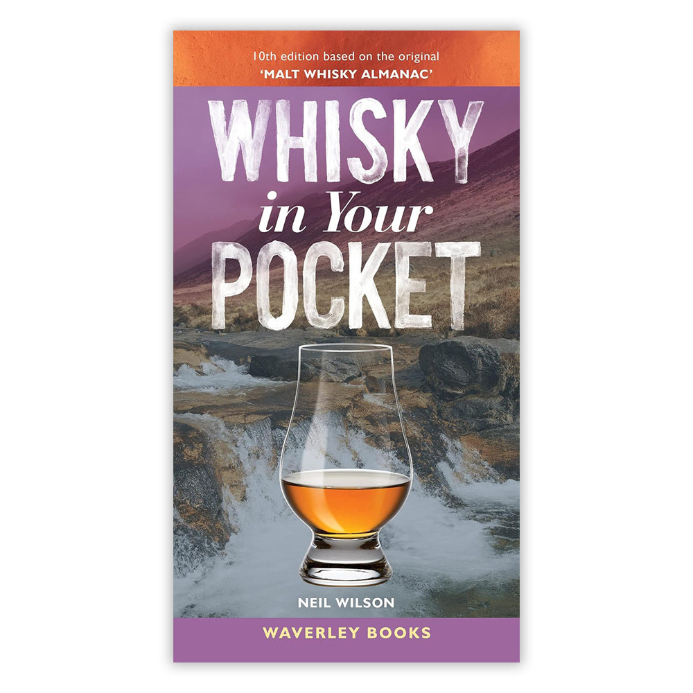 Book cover with a photo of a dram of whisky over another photo of a Scottish river.