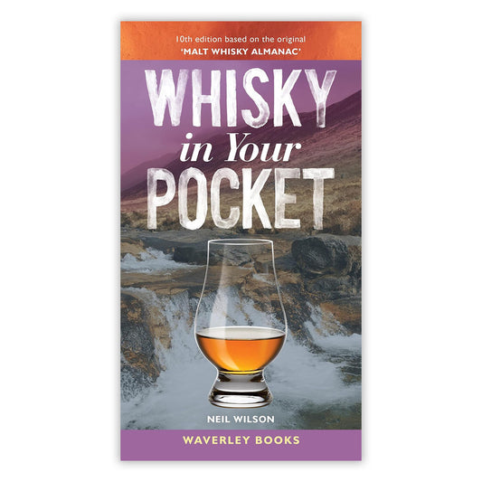 Book cover with a photo of a dram of whisky over another photo of a Scottish river.