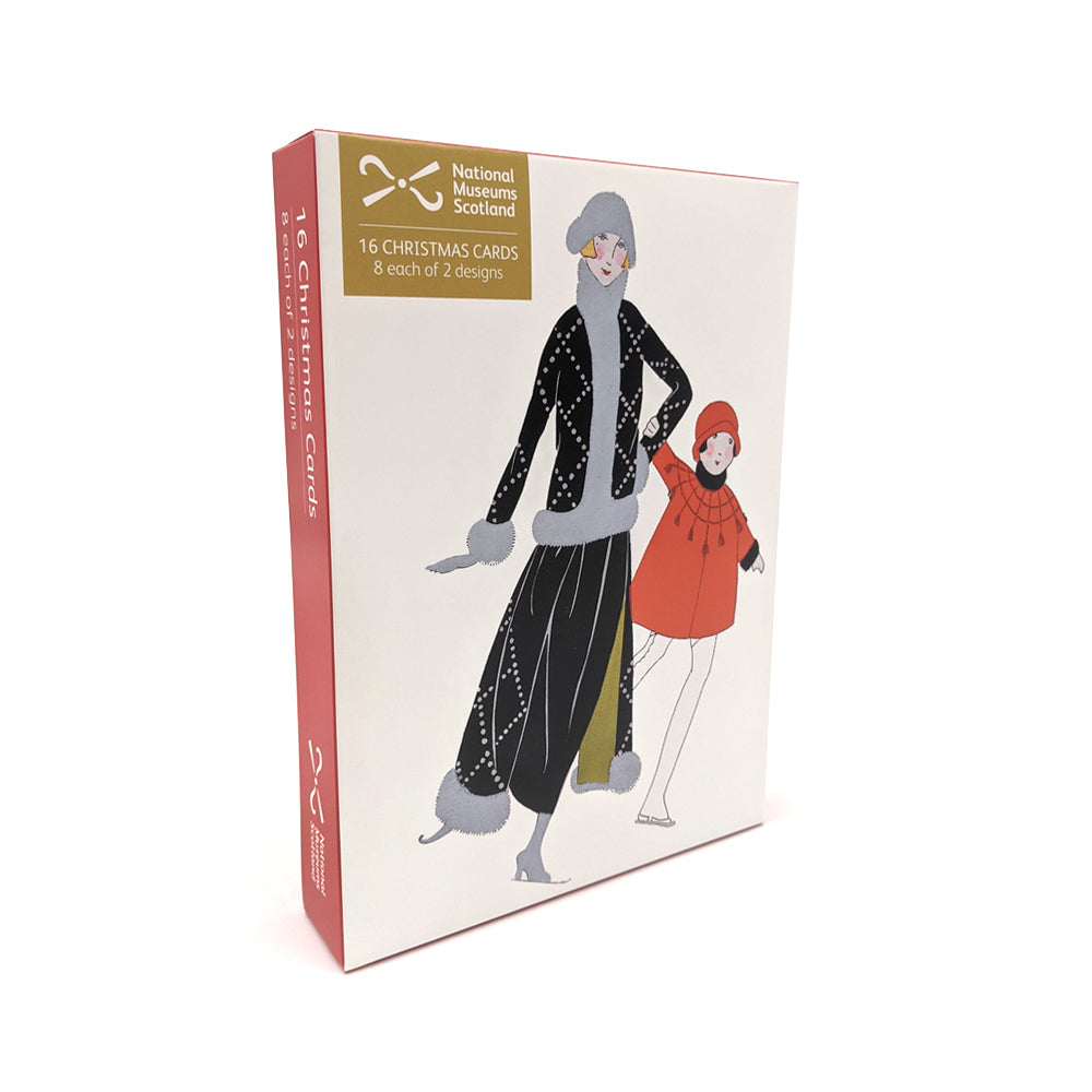 A box of Christmas cards with an illustration of a mother and daughter ice skating from a magazine in 1922. The mother is wearing a black patterned coat with grey fur lining, the daughter is wearing a red hat and poncho with white tights.