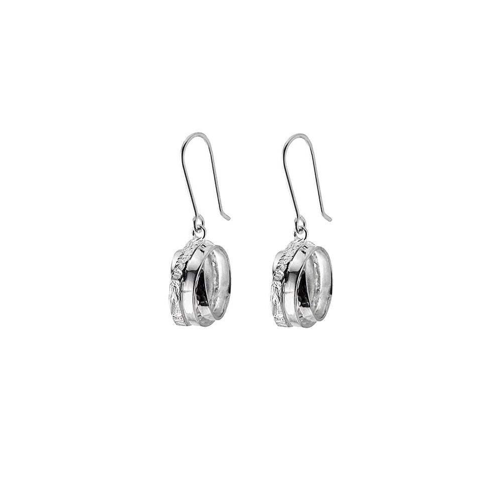 Silver drop earrings with a wound ring design.