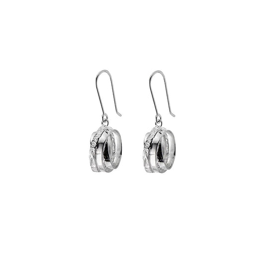 Silver drop earrings with a wound ring design.