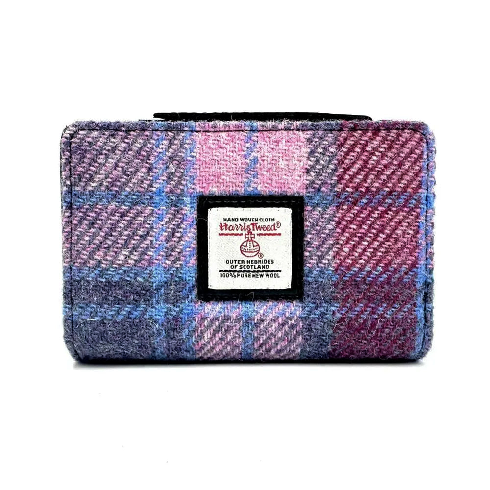Pink checked Harris tweed purse with black vegan leather interior and detailing.