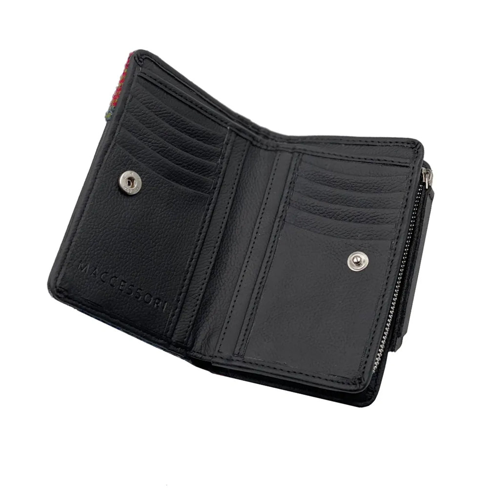 Pink checked Harris tweed purse with black vegan leather interior and detailing.