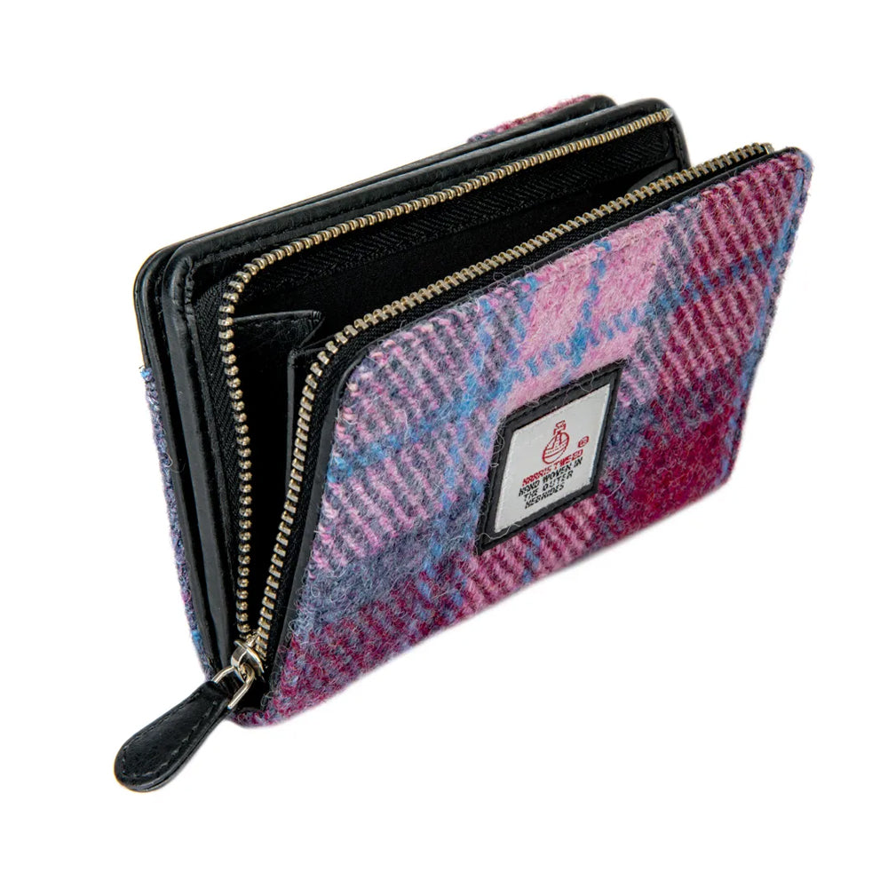 Pink checked Harris tweed purse with black vegan leather interior and detailing.