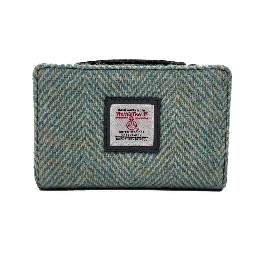 Turquoise herringbone Harris tweed purse with grey vegan leather interior and detailing.