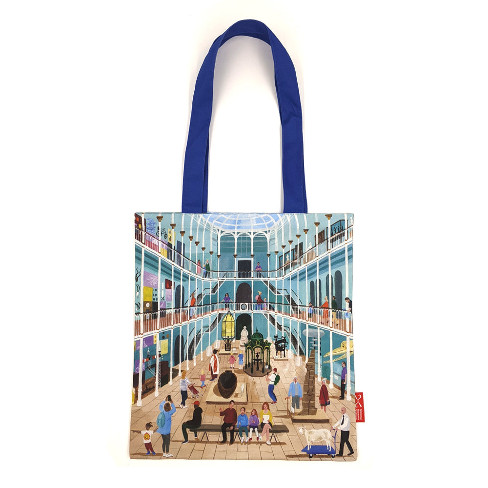 A tote bag with a vibrant illustration of The National Museum of Scotland's grand galley by Edinburgh based artist Jennifer Thomson.