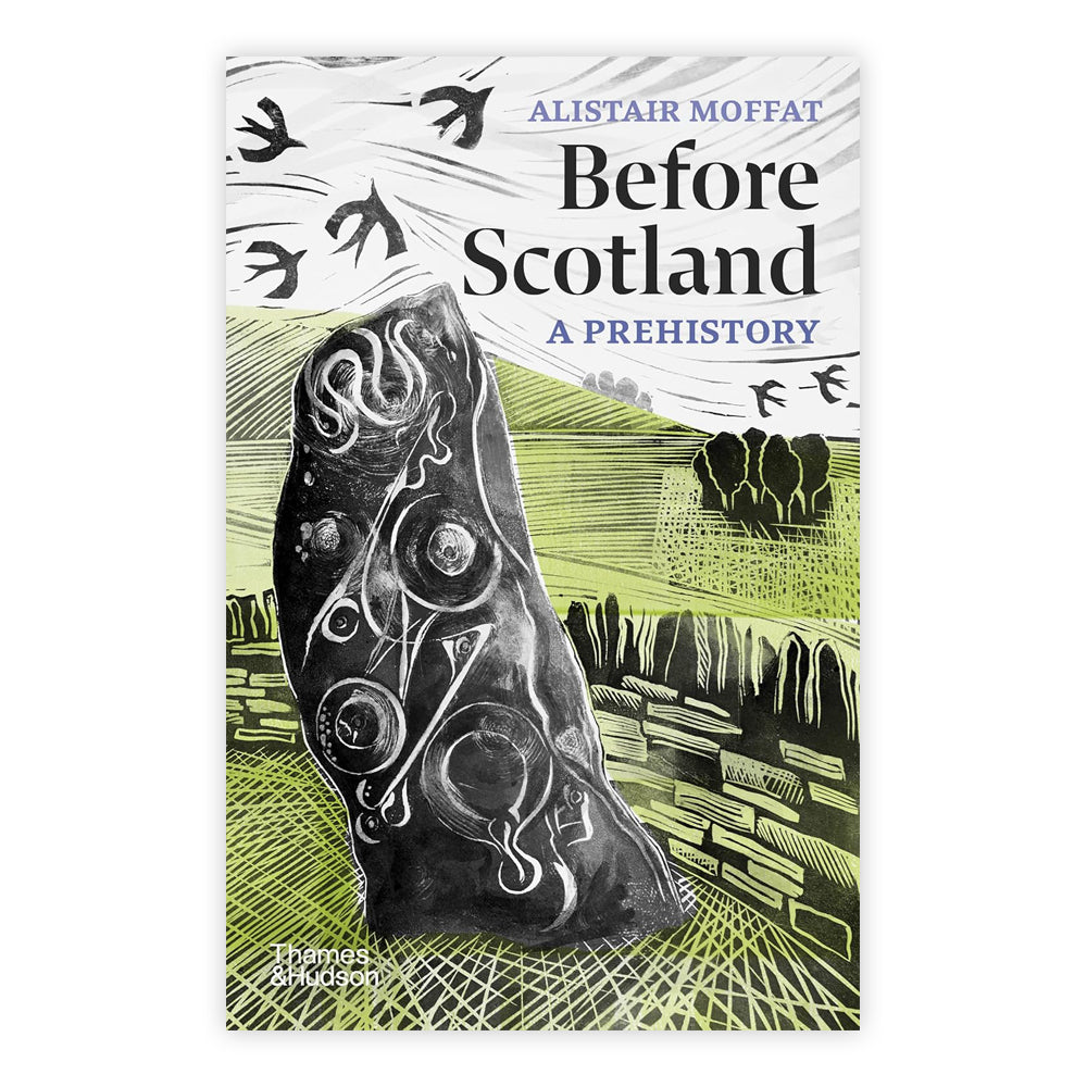 A book cover against a plain white background. The cover is illustrated with a lino cut of a standing stone in the next to a stone wall with birds flying above.