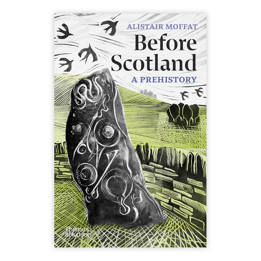 A book cover against a plain white background. The cover is illustrated with a lino cut of a standing stone in the next to a stone wall with birds flying above.