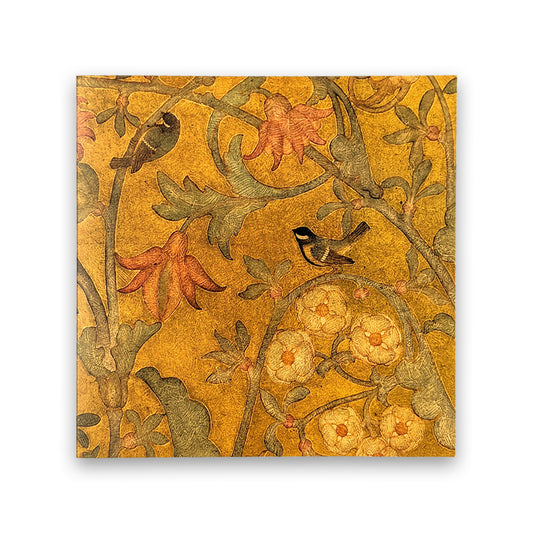 A square greetings card with a detail from the 'willowwood piano' by Phoebe Anna Traquair. The detail is of two small birds among stylized branches and flowers and is painted in greens and yellows.