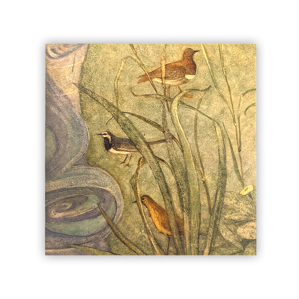A square greetings card with a detail from the 'Willowwood Piano' by Phoebe Anna Traquair. The detail is of three birds stood among long reeds by a water's edge painted in muted greens, blues and browns.