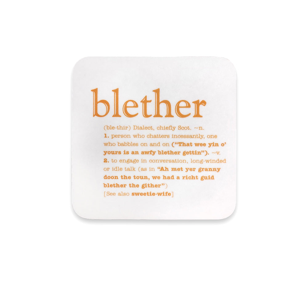 A white coaster with yellow text of the word blether and its definition against a plain white background.