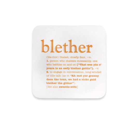 A white coaster with yellow text of the word blether and its definition against a plain white background.