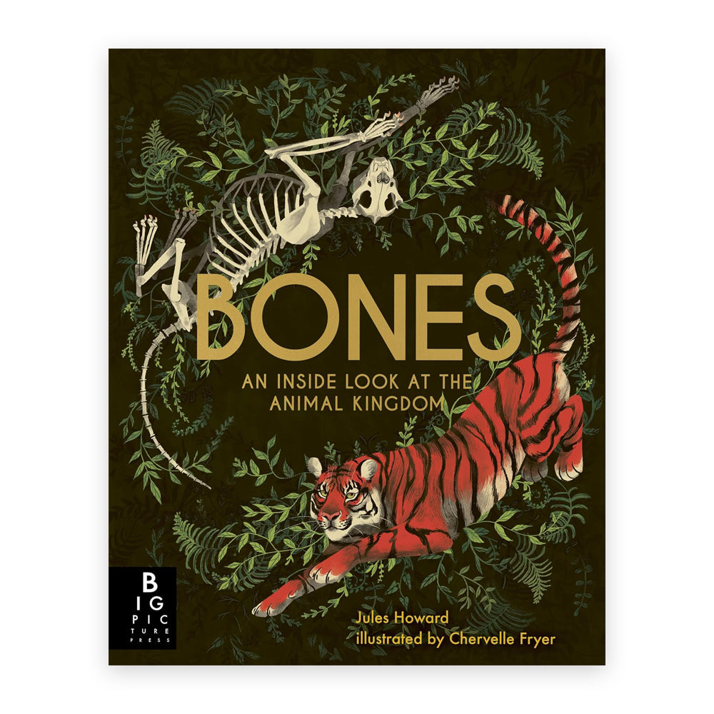 A black book cover with an illustration of a tiger and a tiger's skeleton amongst leaves circling the book's title in a large gold coloured sans serif font 