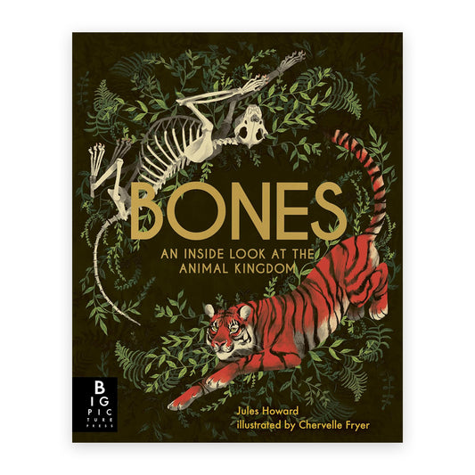 A black book cover with an illustration of a tiger and a tiger's skeleton amongst leaves circling the book's title in a large gold coloured sans serif font 