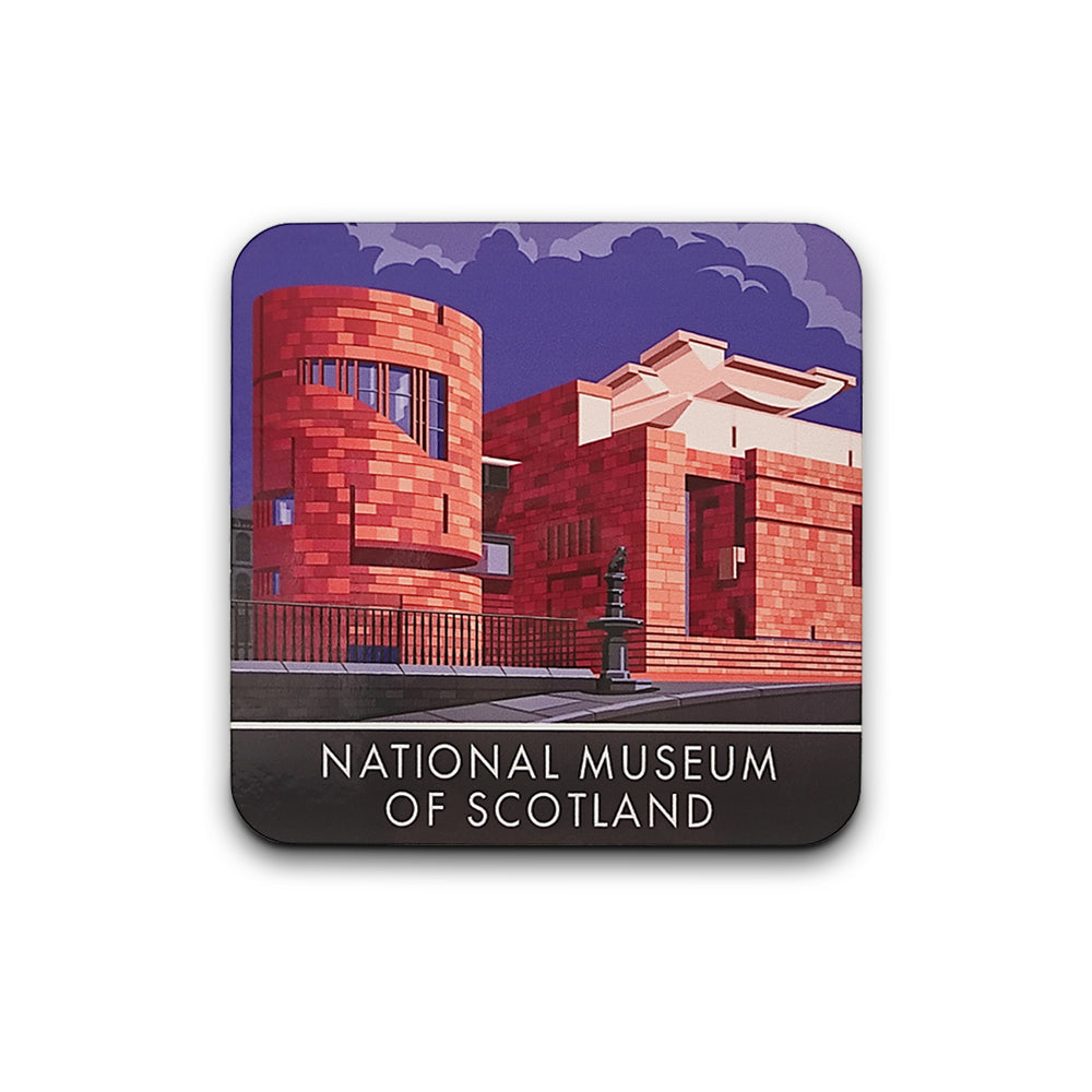 A square coaster with rounded corners with an illustration of the National Museum of Scotland's modern entrance with the statue of Greyfriars Bobby in the foreground.