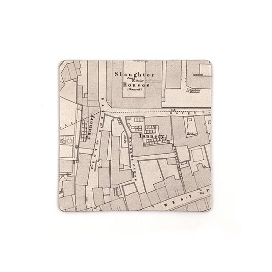 A square leather coaster with an old map of Edinburgh showing Burke of Burke and Hare's House.