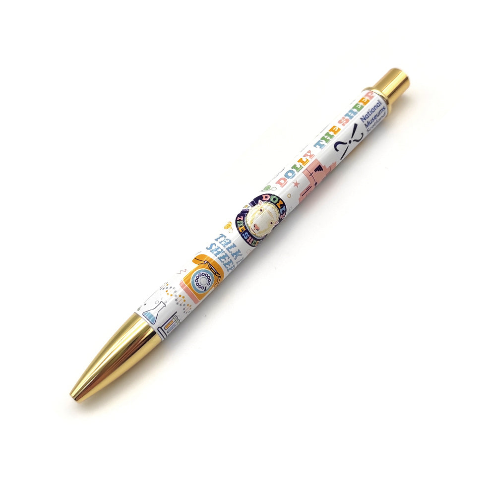 A gold and white coloured pen with illustrations of Dolly the sheep and facts about her life against a plain white background. 