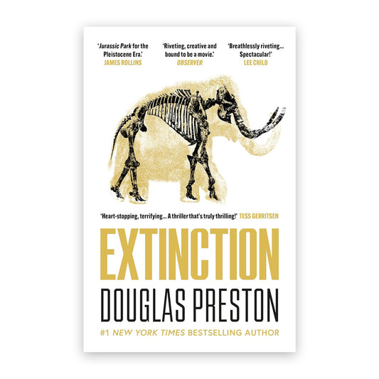 A white book cover with a mammoth skeleton in black overlaid a mammoth in a gold colour. In Gold underneath the word 'extinction' in a large sans serif font.