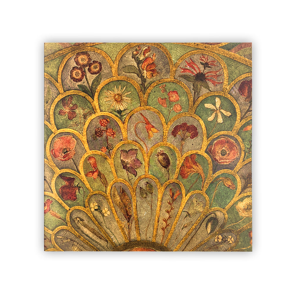 A square greetings card with a detail from the 'Willowwood Piano' by Phoebe Anna Traquair. The detail is of scale like segments with different plants and flowers in each one painted in greens, yellows, and reds.
