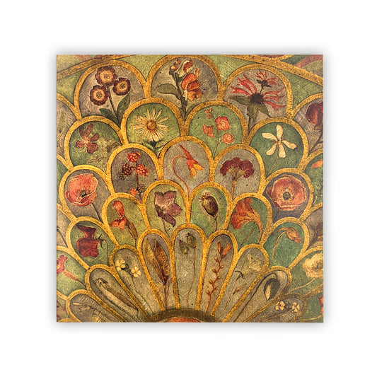 A square greetings card with a detail from the 'Willowwood Piano' by Phoebe Anna Traquair. The detail is of scale like segments with different plants and flowers in each one painted in greens, yellows, and reds.