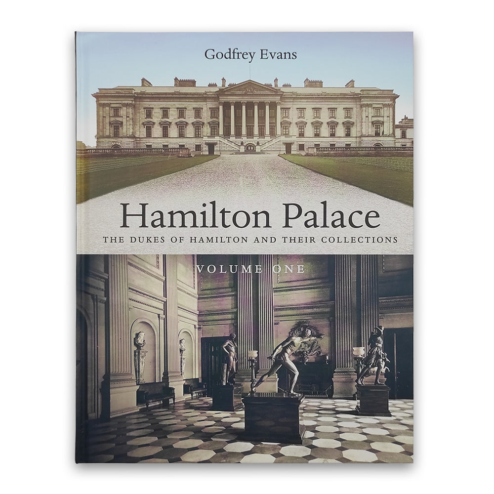 A photograph of a book cover against a plain white background. The cover design is split in two horizontally with a photograph of Hamilton palace across the top and a black and white photograph of some statues in the palace's interior.