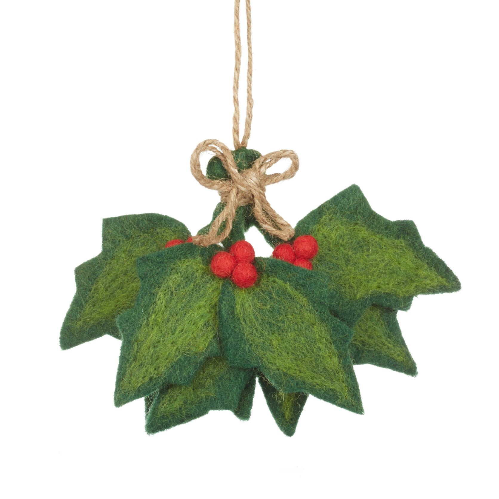 Felt holly sprigs tied together with string