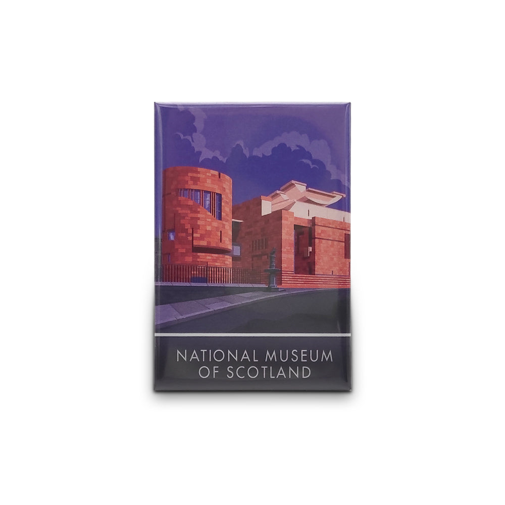 A portrait rectangular magnet with an illustration of the National Museum of Scotland's modern entrance with the statue of Greyfriars Bobby in the foreground.