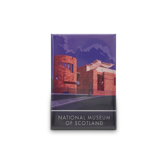 A portrait rectangular magnet with an illustration of the National Museum of Scotland's modern entrance with the statue of Greyfriars Bobby in the foreground.